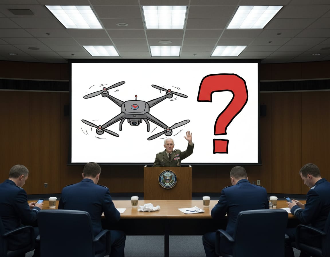 Pentagon briefing room with Iran drone defense diagram as officials check phones