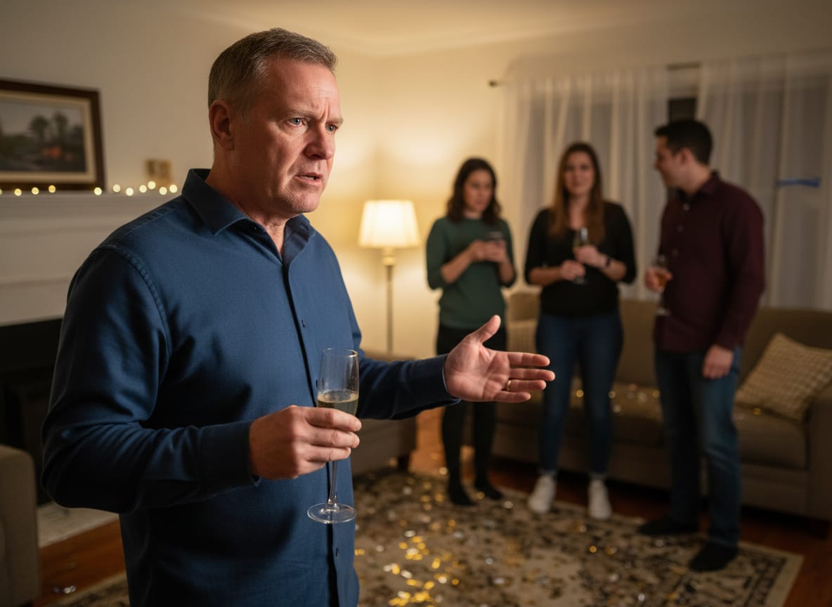 Man declaring 2026 his year at New Year's Eve party while guests look away