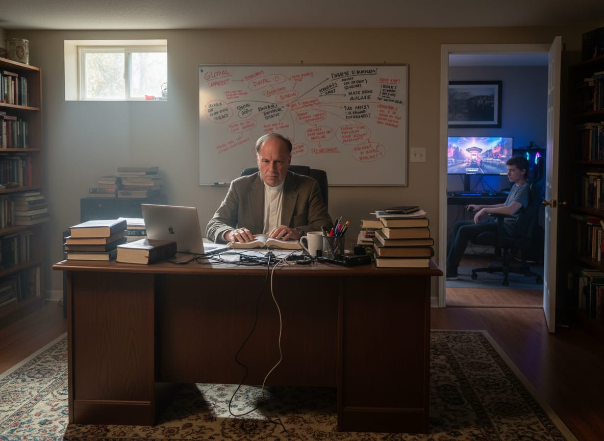 Pastor studying algorithm prophecy technology at basement desk with prophecy board
