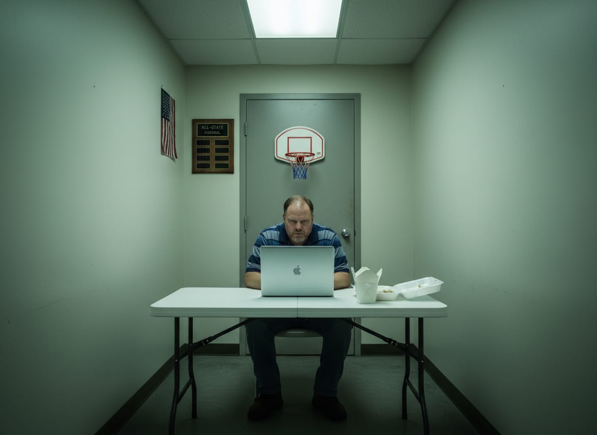 Sports writer watching bowl games new years alone at small desk in converted closet office