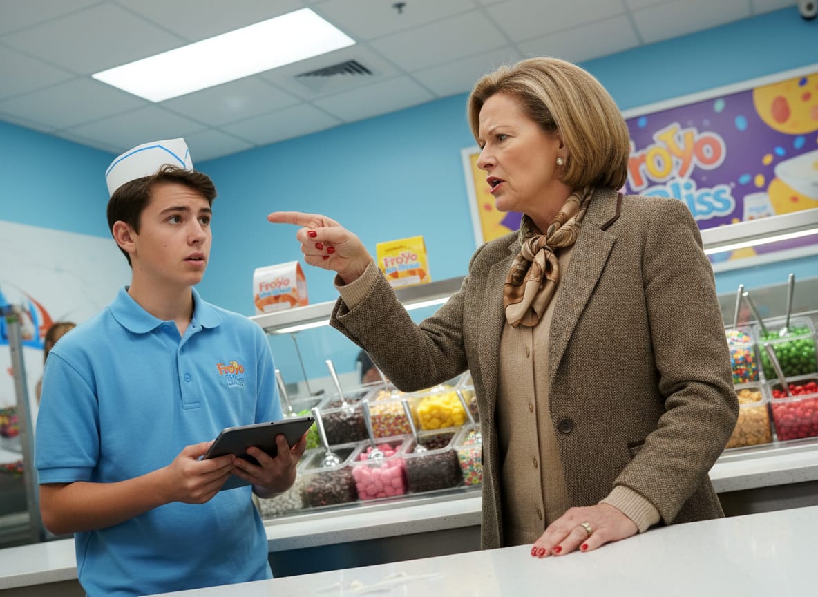 Woman who was called a Karen gestures at frozen yogurt counter while speaking to uncomfortable staff