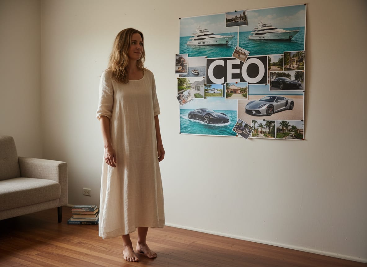 Traditional wife views husband vision board with CEO goals in modest rental home
