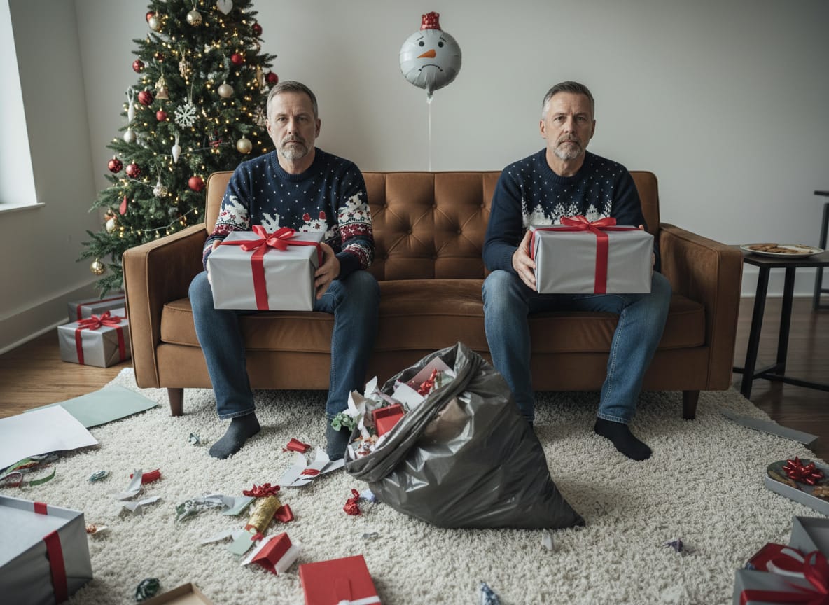 Christmas gift exchange awkwardness as man opens regifted present at family gathering