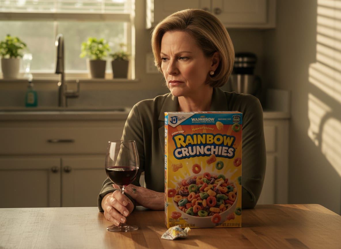 Woman contemplating food nostalgia taste different while examining childhood cereal box with wine