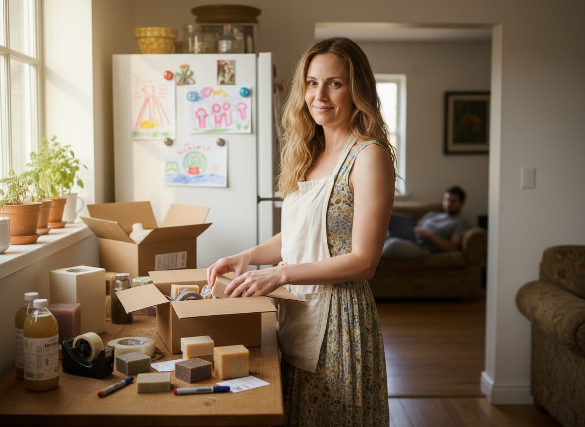Traditional wife packing Etsy orders while husband leads family from the couch in background