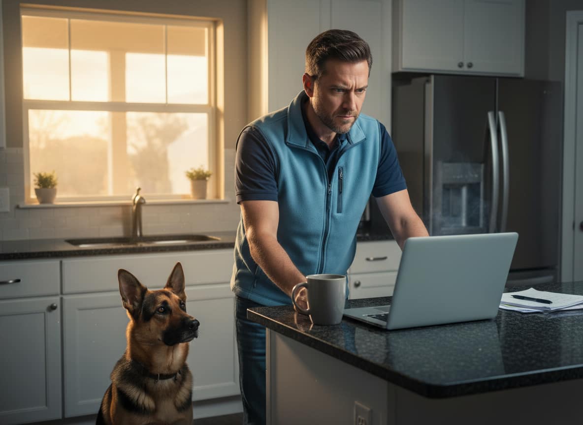 Man reviewing kids push-ups China fitness data at dawn while dog watches