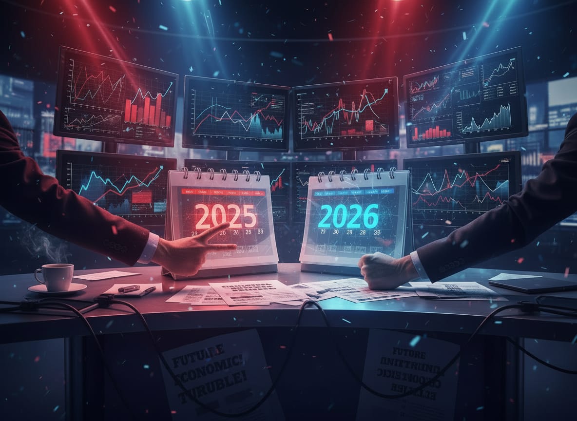 Dramatic news desk with 2025 year in review materials and contradictory data displays