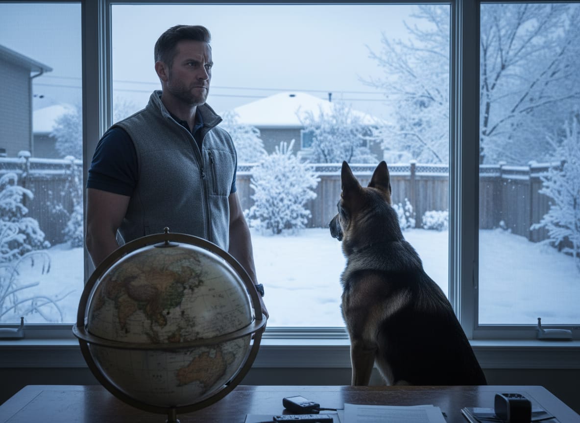 Tucker Brandish contemplating arctic strength at dawn with his dog Patton