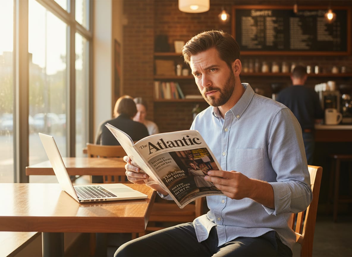 Man reading Atlantic fascism article with expression of frustrated recognition