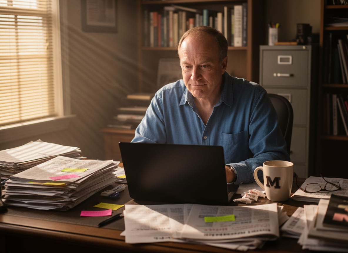Man analyzing Carney Havel greengrocer speech at home office desk with printed articles