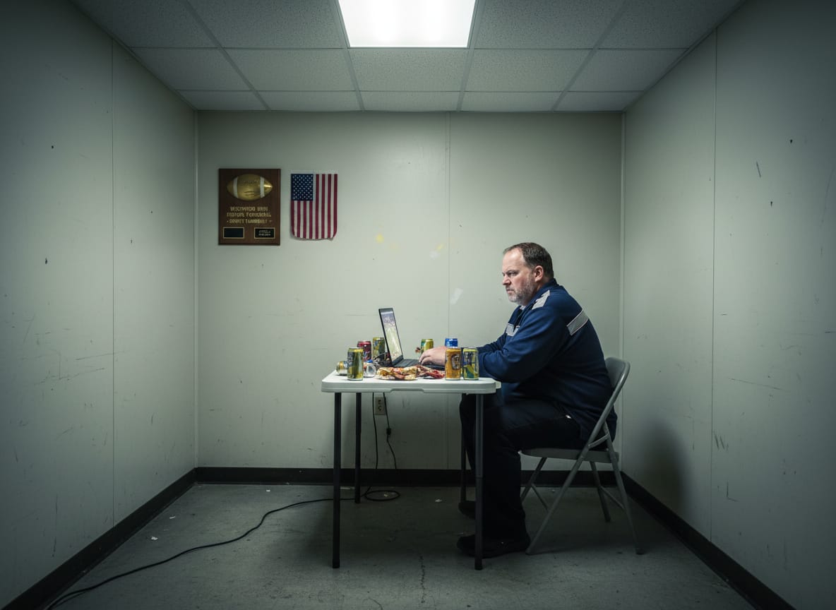 Chet Bricker analyzing college football playoffs from Newswax headquarters utility closet office