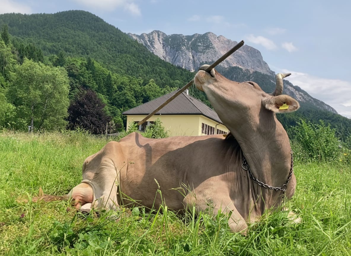 Swiss Brown cow in Austrian pasture near deck brush, related to cow tool use study findings