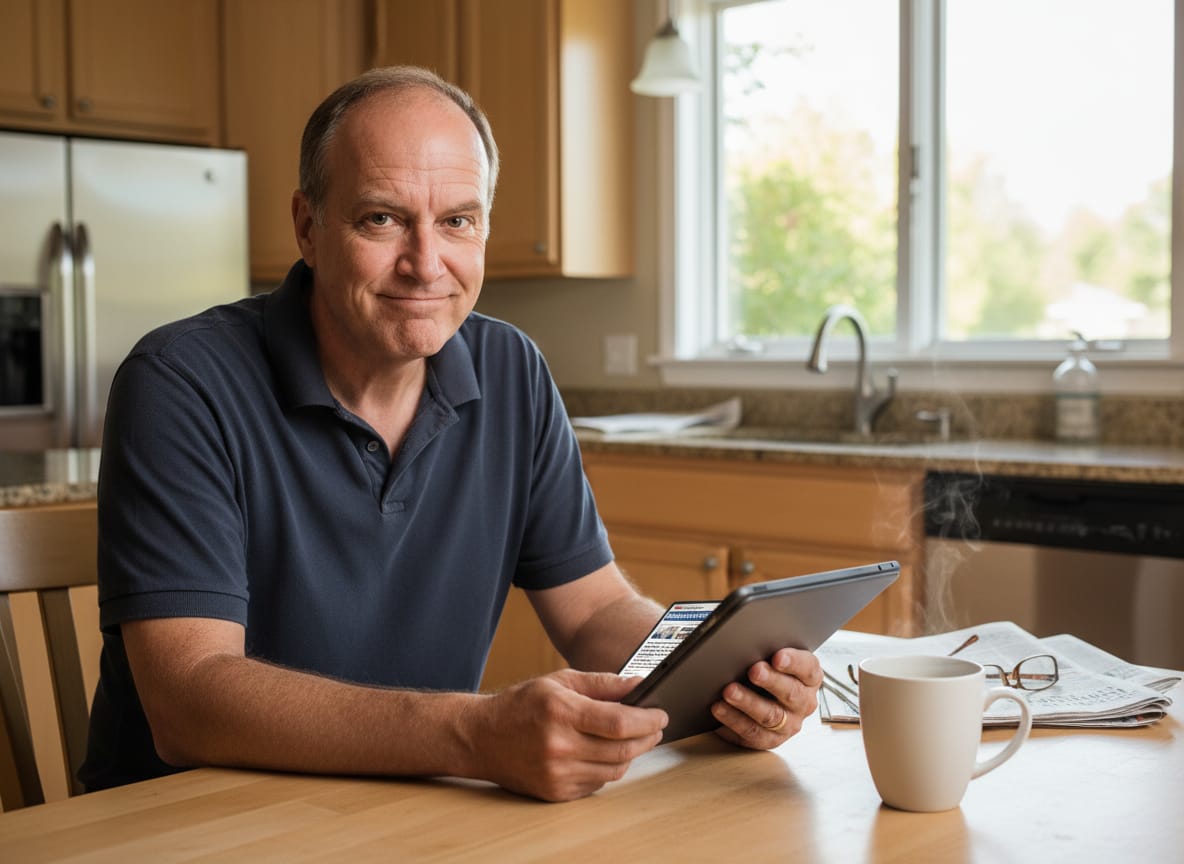 Man reads about Davos elite uncomfortable at kitchen table with vindicated expression