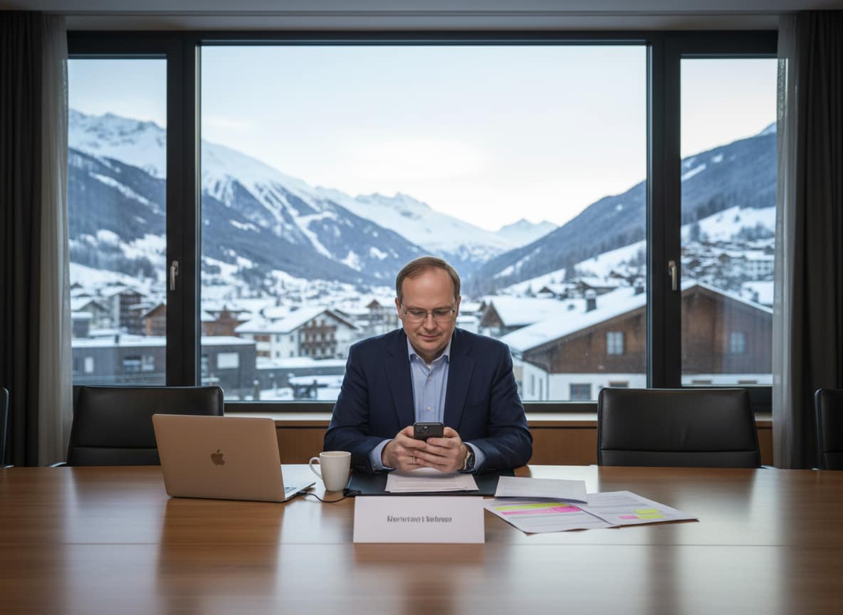 Foreign policy analyst reviews Greenland off-ramp diplomacy framework documents at empty conference table