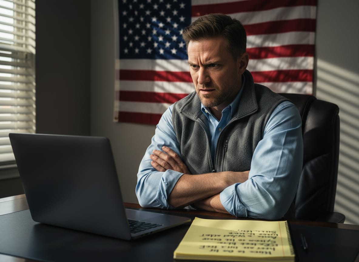 Man watching Greenland strategic analyst video with frustrated expression