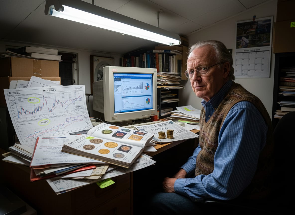 Dr. Murray Belden analyzing housing starts decline data at cluttered desk with gold coins and economic charts