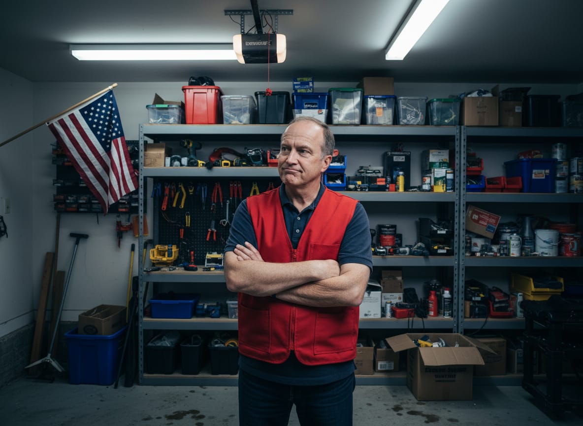 Man contemplates respect for authority in his garage with American flag