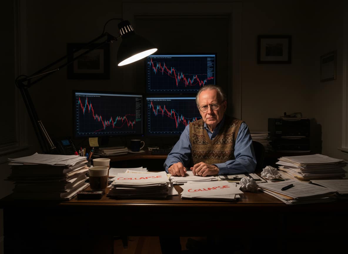 Financial analyst surrounded by charts showing the sell America trade and economic collapse predictions