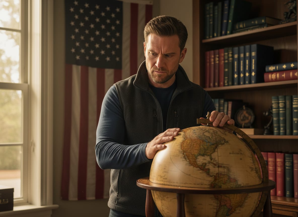 Tucker Brandish studying globe demonstrates Thucydides American strength principles