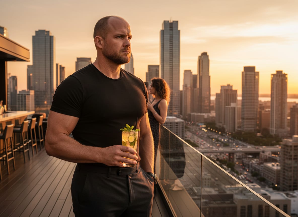 High value man at rooftop bar demonstrating Tom Brady dating market principles