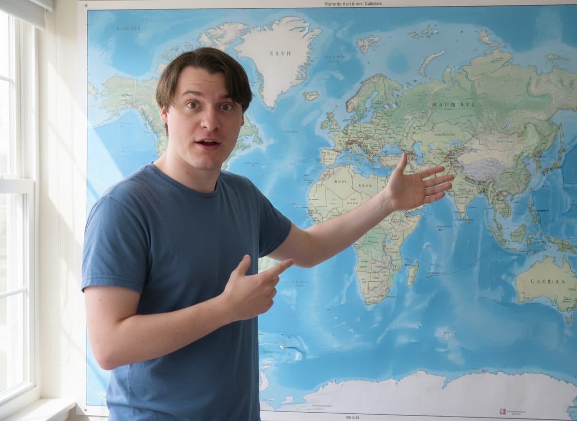 YouTuber explaining great power competition while gesturing at world map
