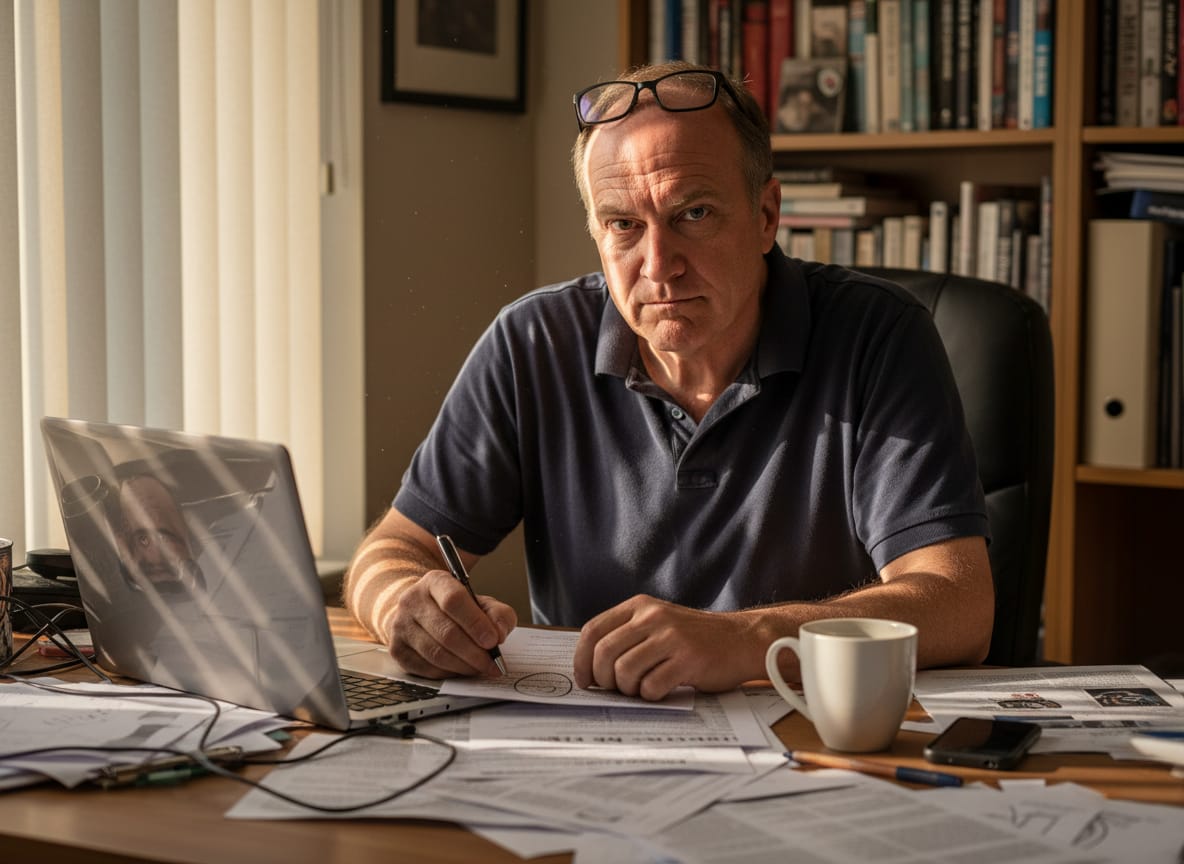 Man reading about trump accountability blame at home office desk with skeptical expression