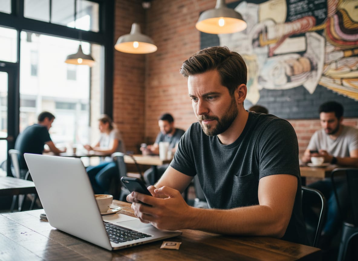 Man at coffee shop reviewing trump coalition poll data on phone with defensive expression