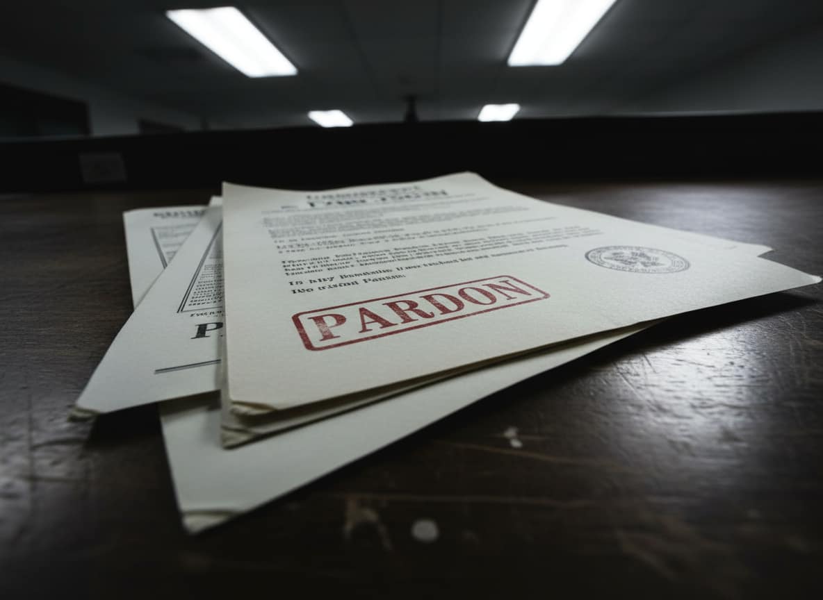 Trump pardon fraudster documents on desk showing multiple clemency grants