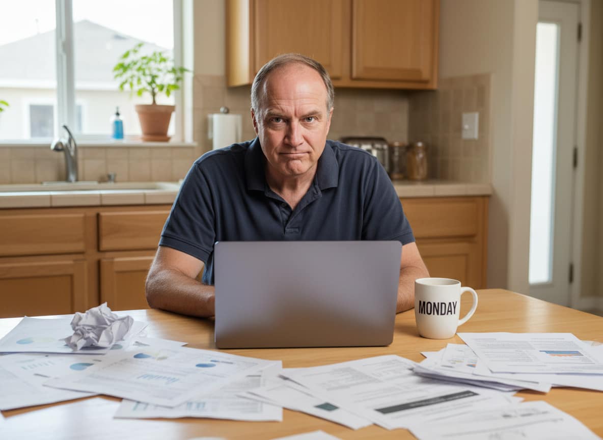 Man researching trump polling collapse claims at kitchen table