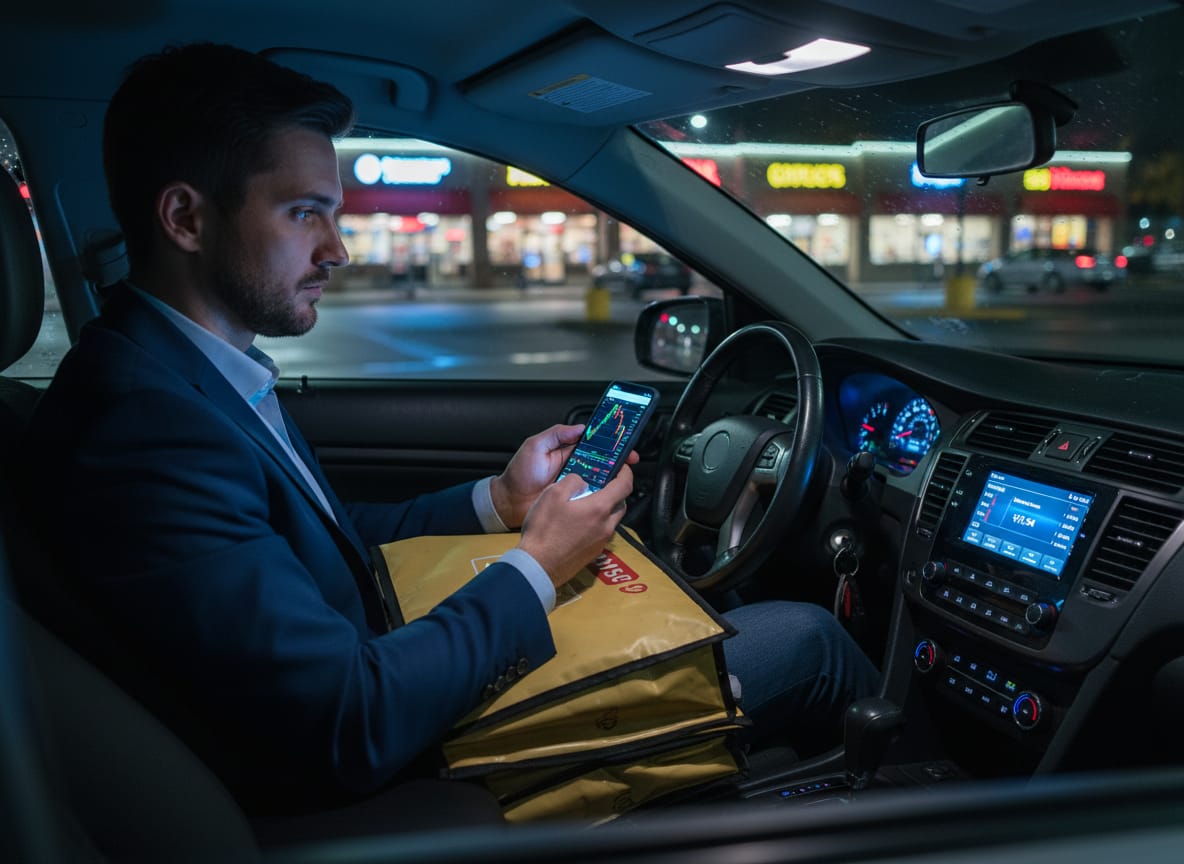 Man studying trump wealth strategy on phone between delivery shifts