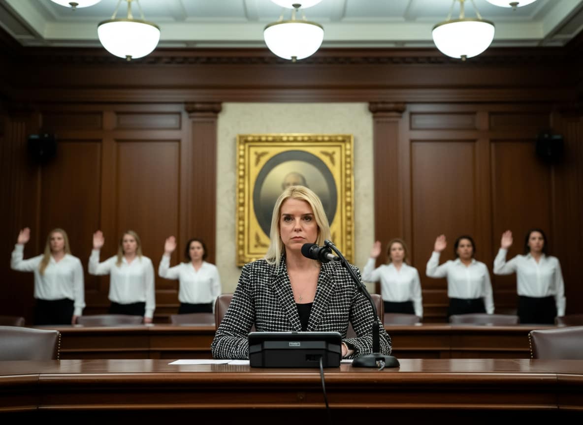Bondi Epstein hearing scene with survivors standing behind witness table