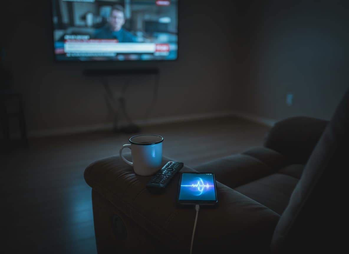 Smartphone with paused video on recliner armrest during late night trump video outrage media coverage