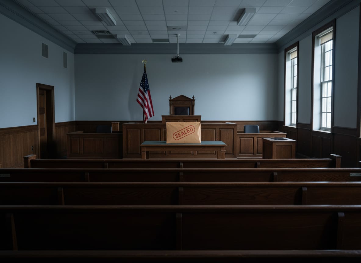 Federal courtroom with sealed envelope on judge's bench where Cannon blocks Volume II of Jack Smith report