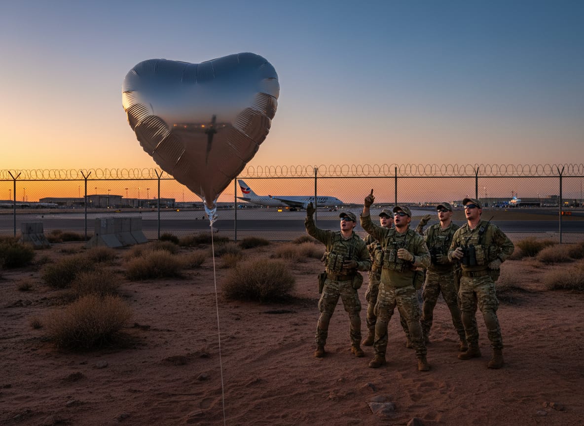Officials pointing at a party balloon near military base illustrating CBP balloon laser incident at El Paso