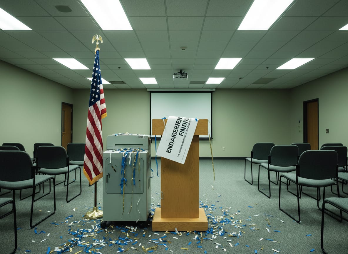 EPA endangerment finding document in paper shredder at government podium after repeal celebration