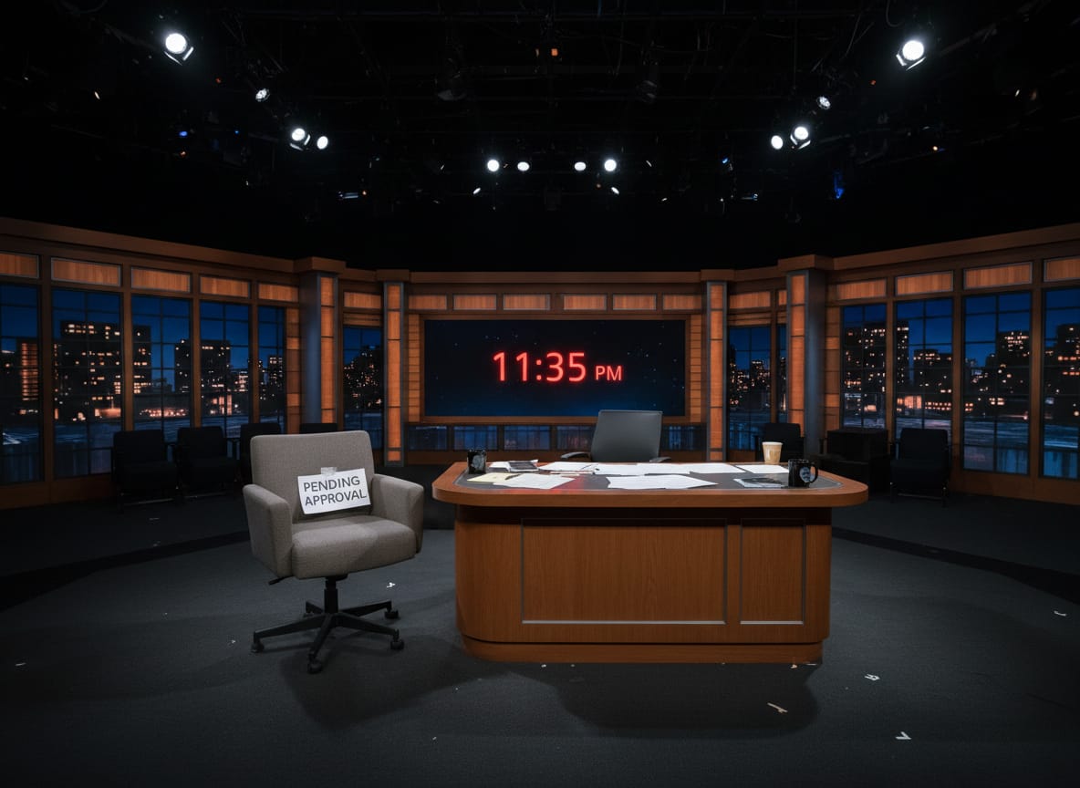 Empty late-night talk show set illustrating FCC equal time late night rule impact on CBS programming