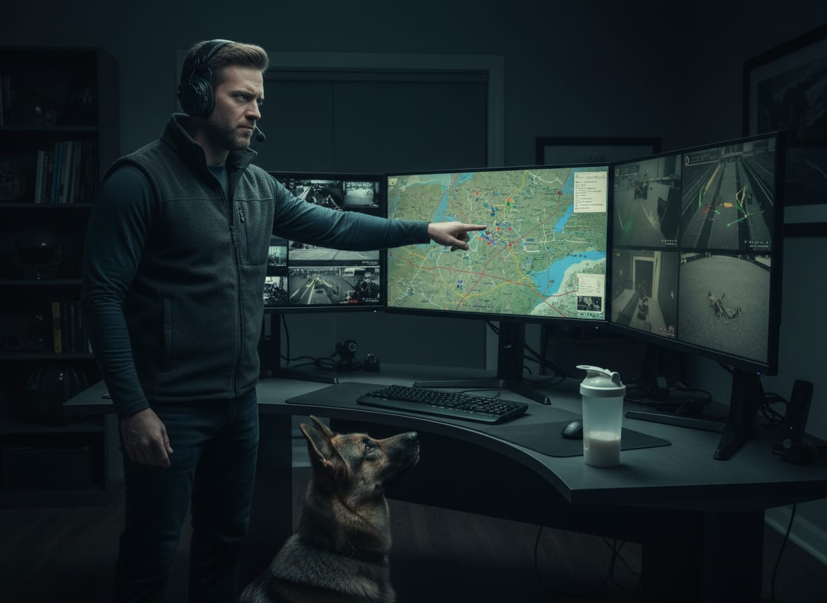 Tucker Brandish monitors Flamingo missiles Ukraine strike from his home office at 4:30 AM with his German Shepherd