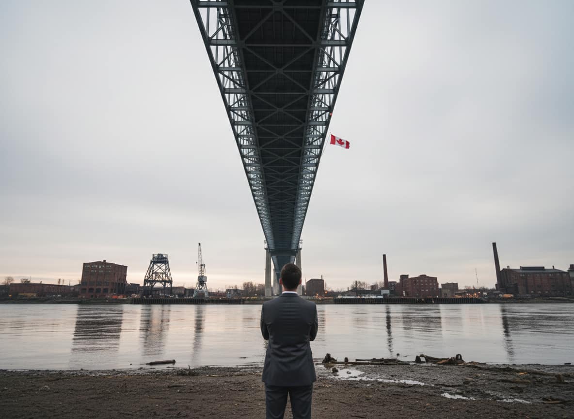 The Gordie Howe bridge spanning the Detroit River as an official surveys the Canada-funded crossing.