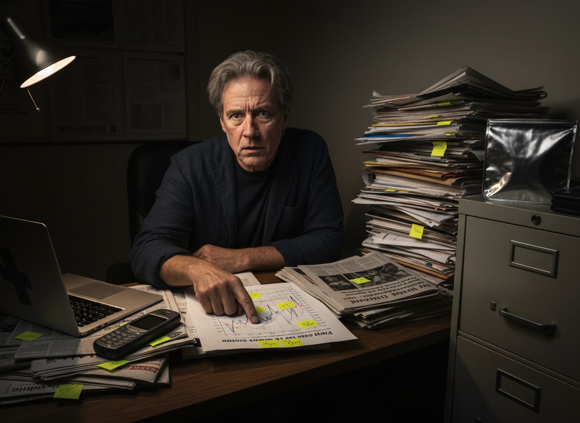 Man at cluttered desk examining government AI surveillance programs printed reports with flip phone visible