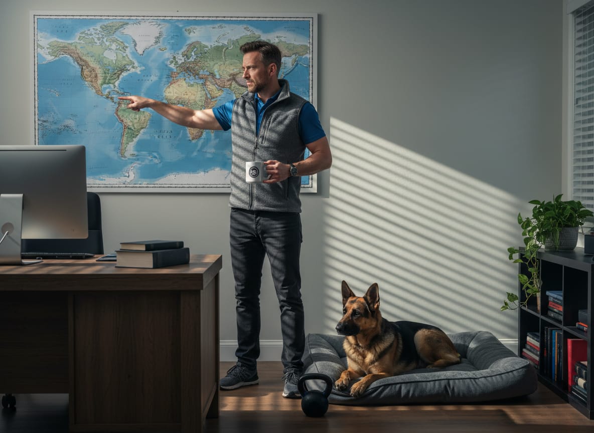 Tucker Brandish analyzes India shadow fleet seizures from his home office war room with map and German Shepherd