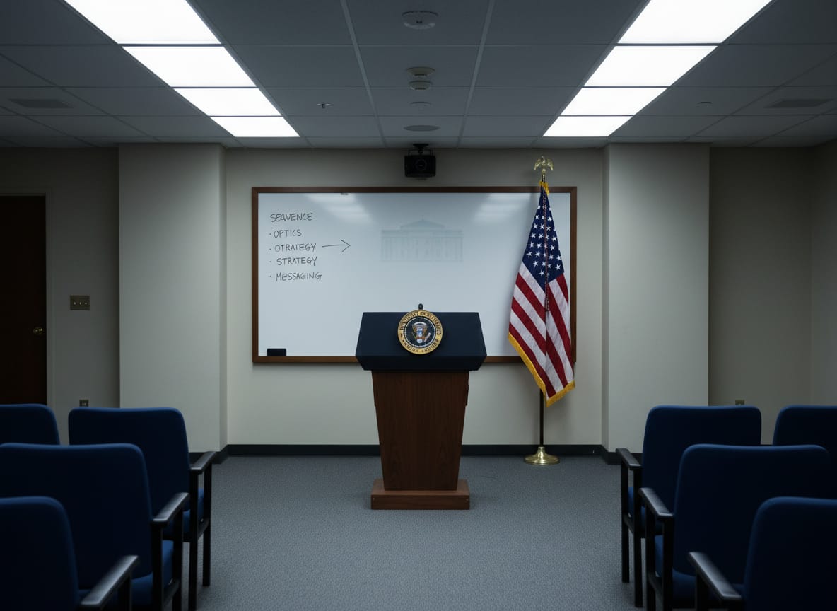 White House briefing room reflecting Iran strike politics discussion about war sequencing and optics.