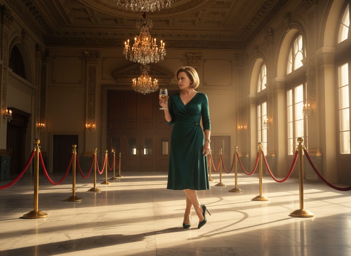 Woman mourning Kennedy Center closure arts crisis alone in empty theater lobby with wine glass