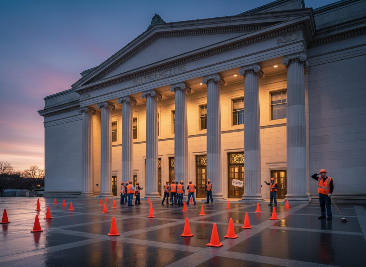 Performing arts center exterior with closure signs amid kennedy center closure rebuilding announcement
