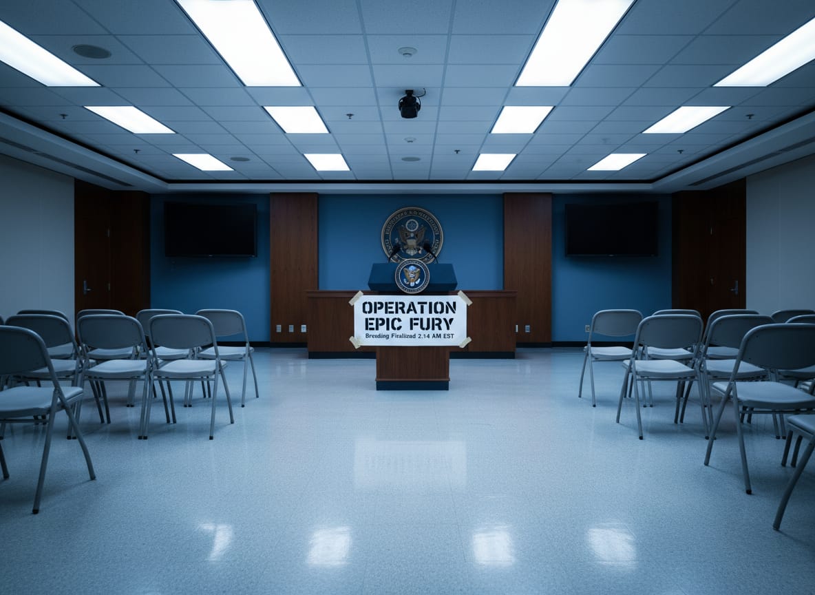 Pentagon podium displaying Operation Epic Fury banner before congressional notification