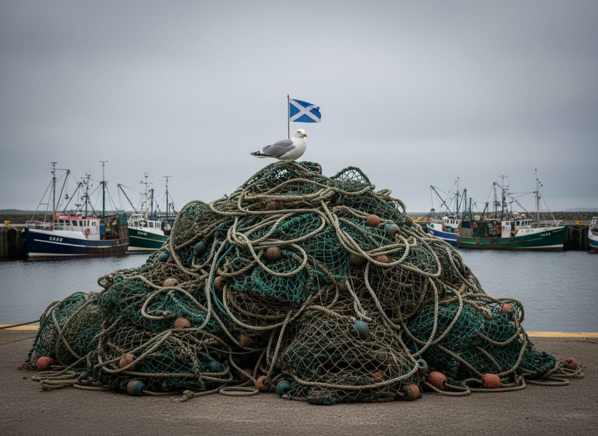 Piled fishing nets on a Scottish dock ready for shipment as Scotland fishing nets counter drones in Ukraine