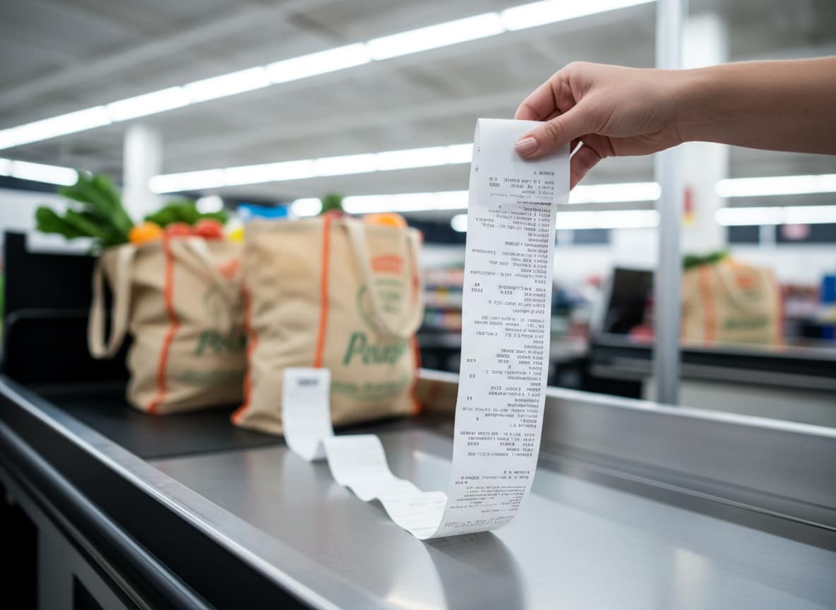 Long grocery store receipt illustrating tariff burden on consumers from rising import costs