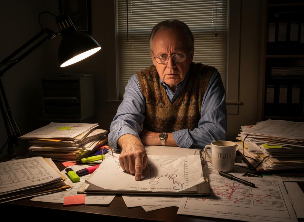 Man at cluttered desk reviewing tariff cost collapse data from NY Fed charts