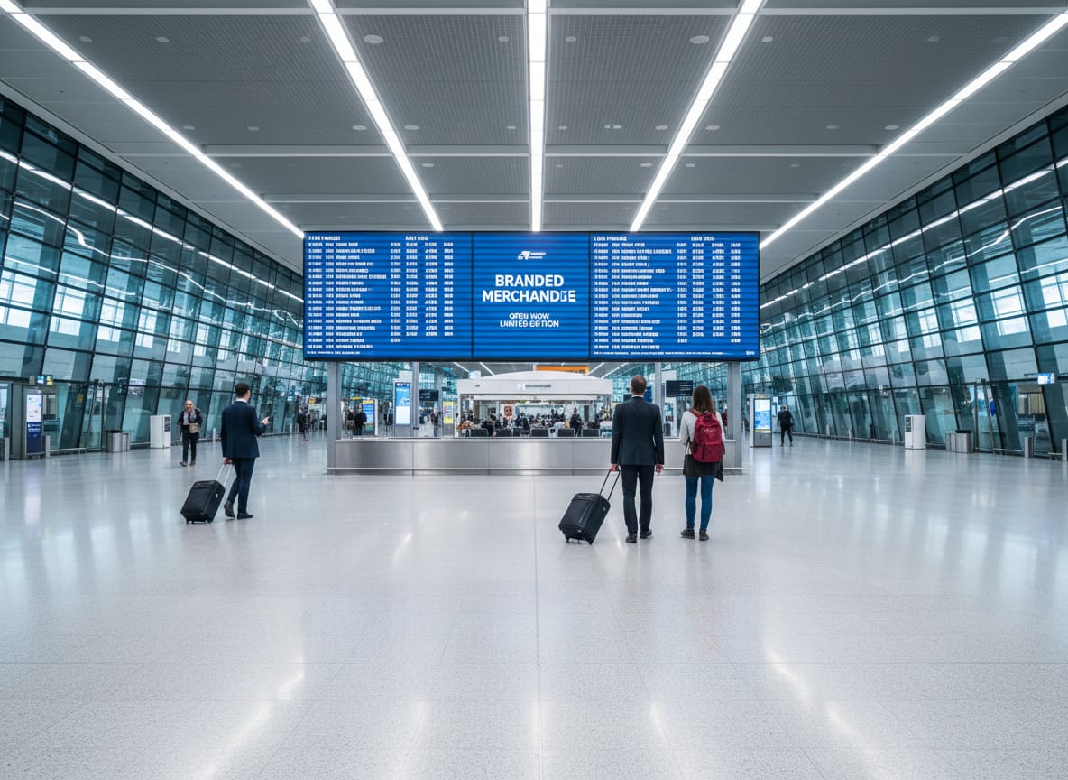 Airport terminal departure board displaying Trump airport trademark merchandise branding in a busy concourse