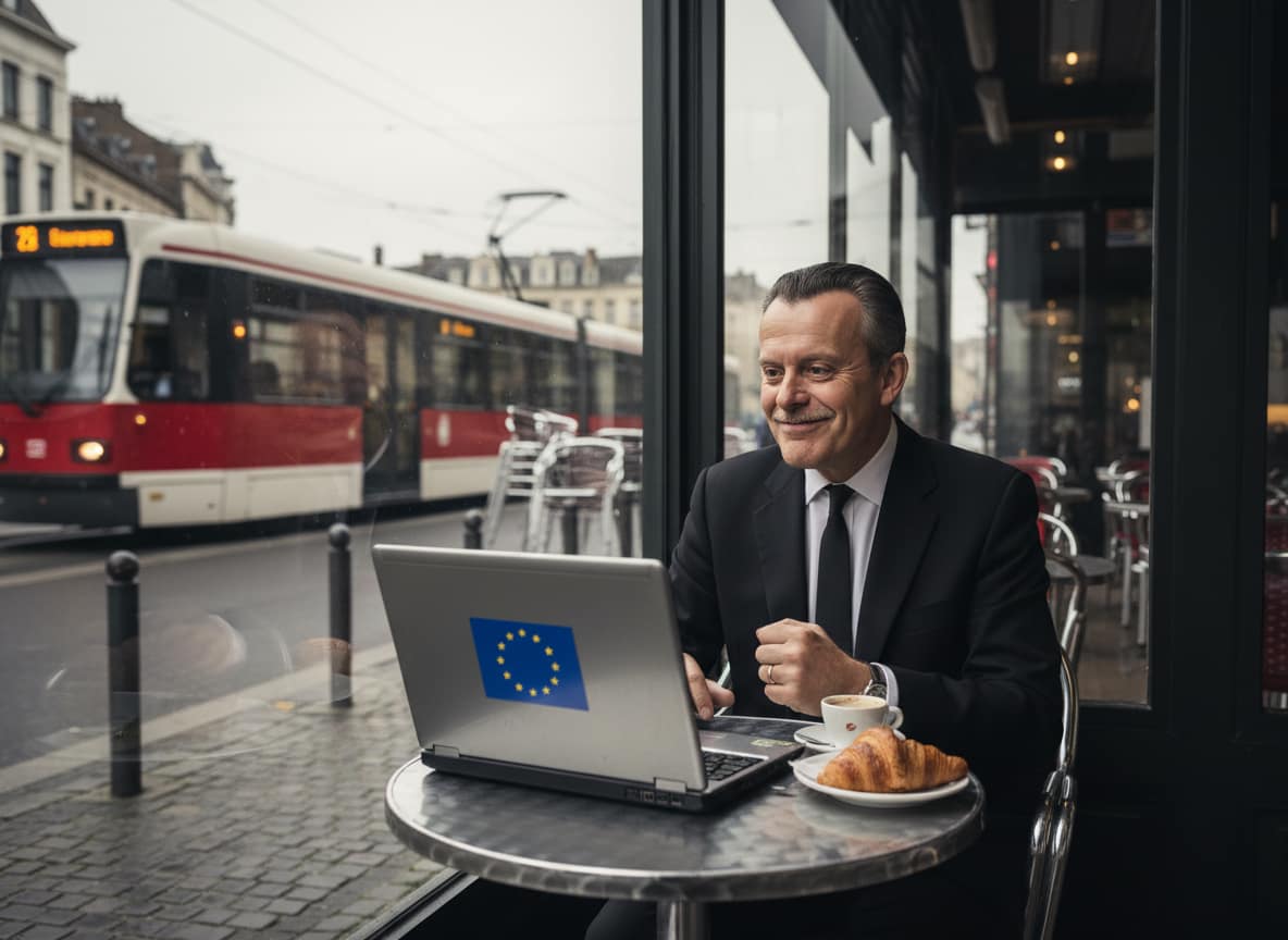 Brussels expat celebrates two tier Europe vindication alone at empty cafe with EU flag laptop sticker