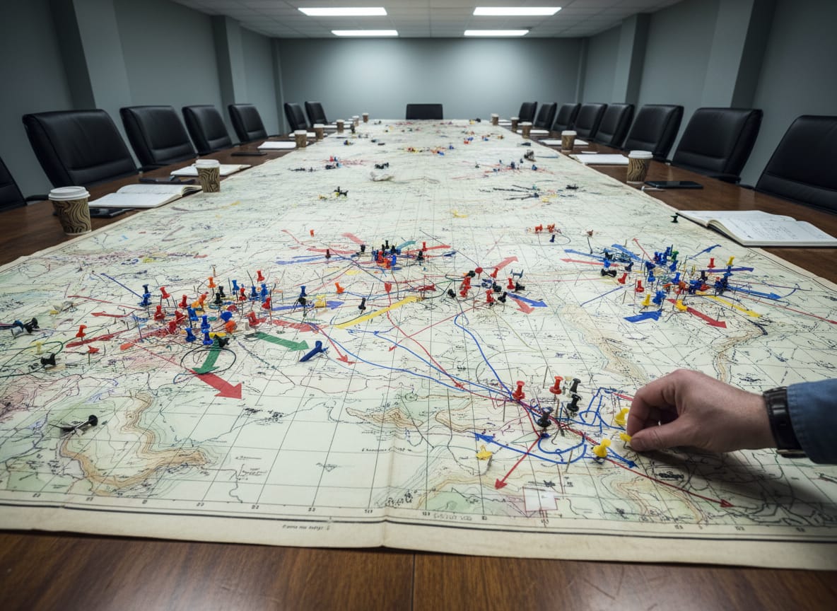 Chaotic military map with conflicting pins illustrating confusion over Ukraine territory liberation claims
